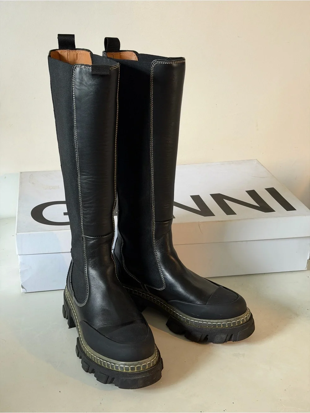 Ganni Black Knee-High Chunky Chelsea Boots